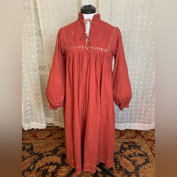 Vintage 70s/80s Pink Sequined Indian Cotton Dress with Lantern Sleeves, Hippie - Picture 1 of 5